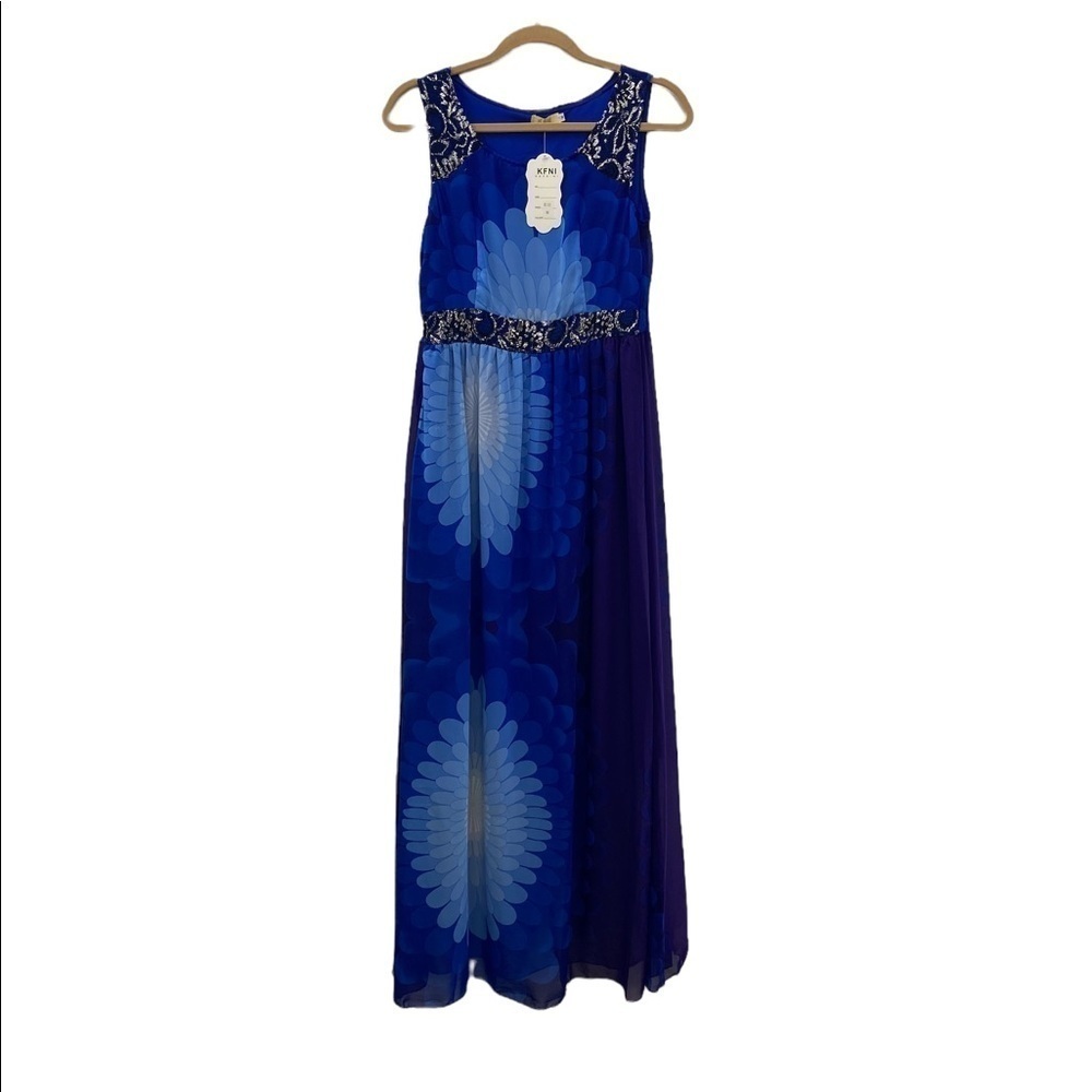 KFNI Women SZ Medium Blue Floral Lace Empire Maxi Dress Fairy Whimsical NEW